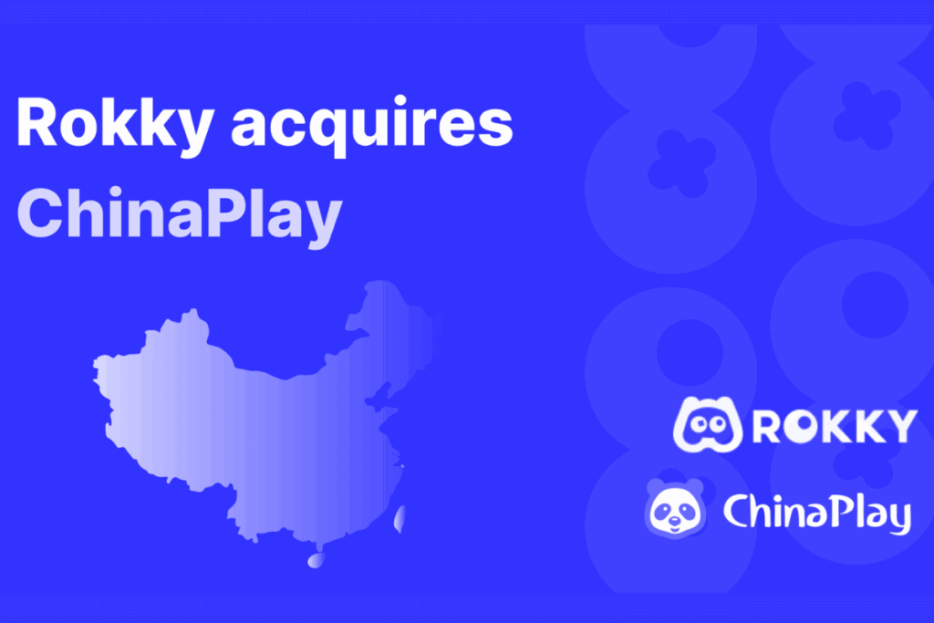China's map overview on a blue background with rokky and ChinaPlay logos on bottom right