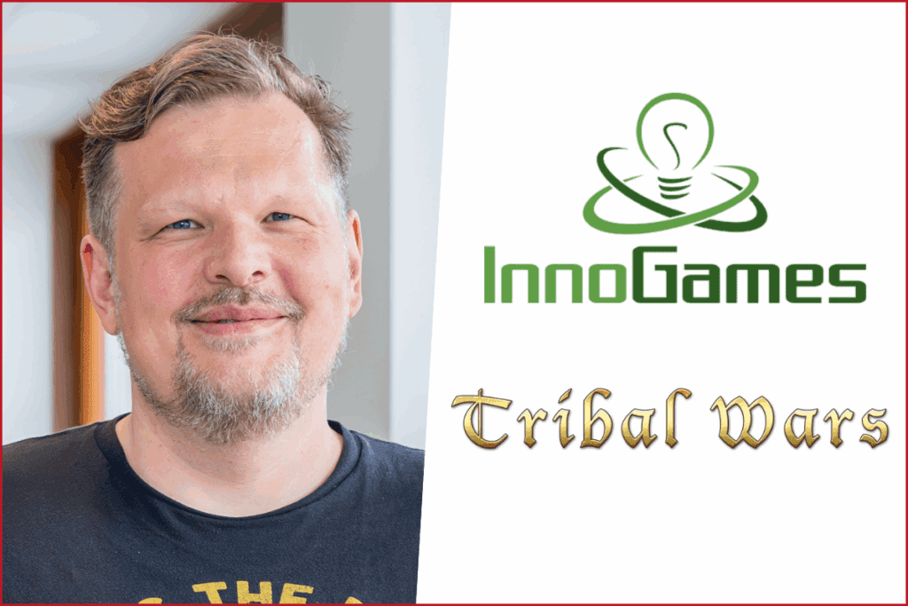 photo of thorsten schankin on the left, logos of innogames and tribal wars on the right