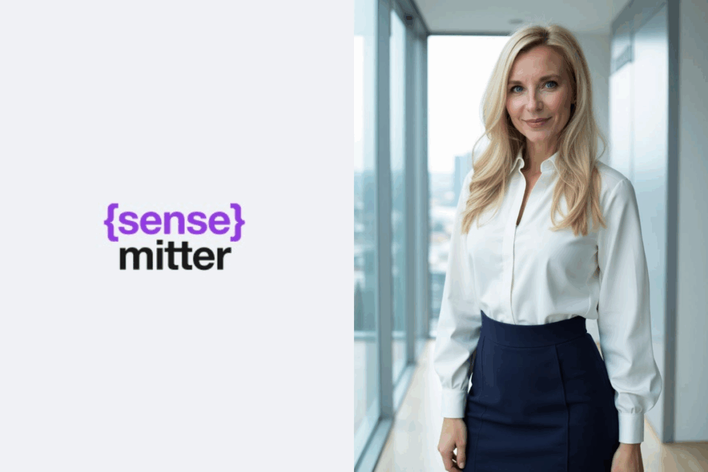 sensemitter logo on the left, katie madding photo on the right