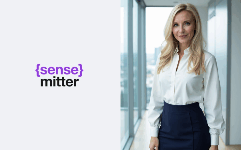 sensemitter logo on the left, katie madding photo on the right