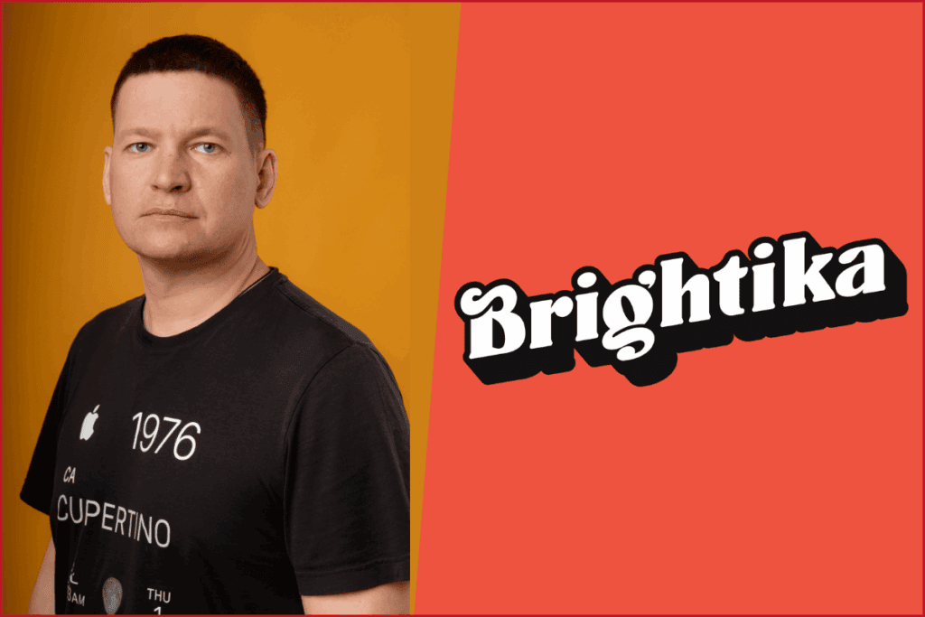 alexander rodichev photo on the left, brightika logo on the right