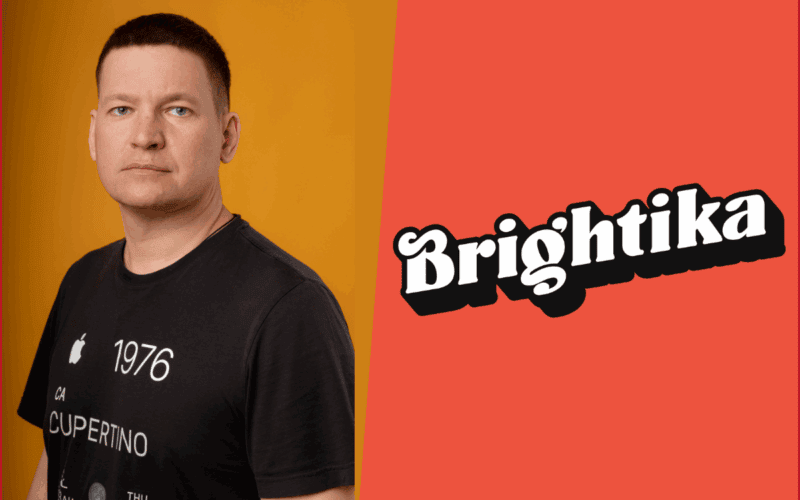 alexander rodichev photo on the left, brightika logo on the right