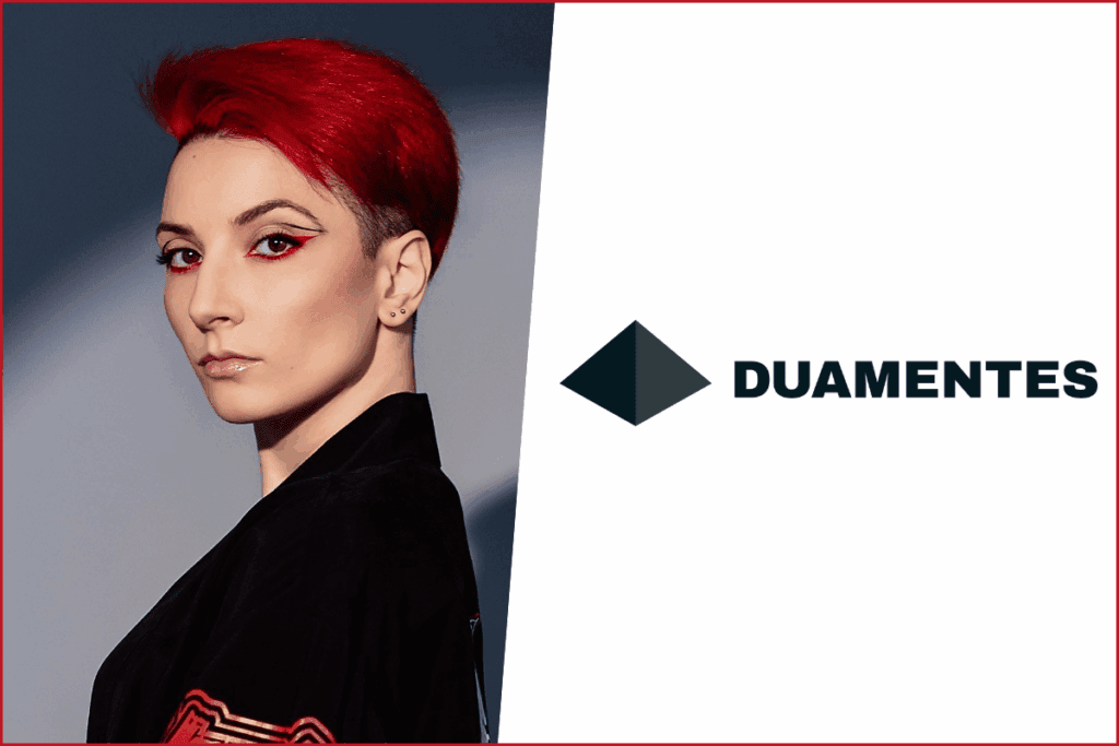 Maria Amirkhanyan photo on the left, duamentes logo on the right