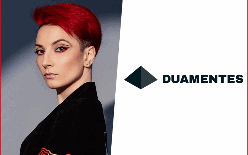 Maria Amirkhanyan photo on the left, duamentes logo on the right