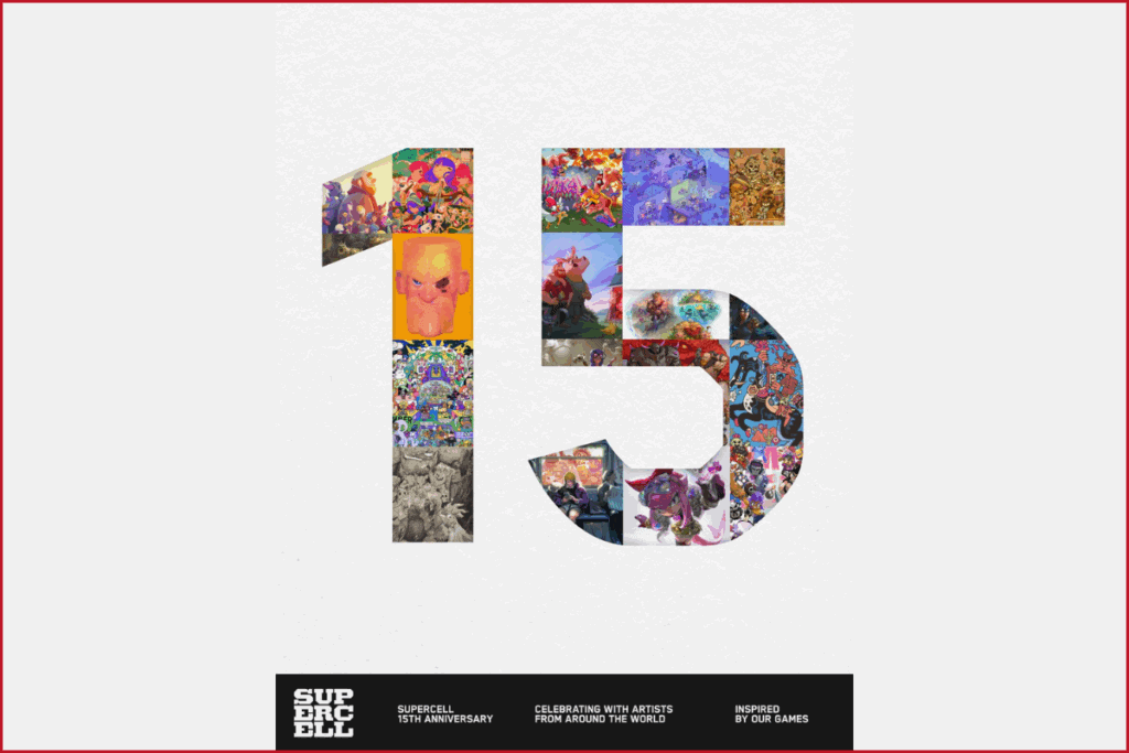 supercell 15 years logo, there is a "15" text with images filled inside from supercell games