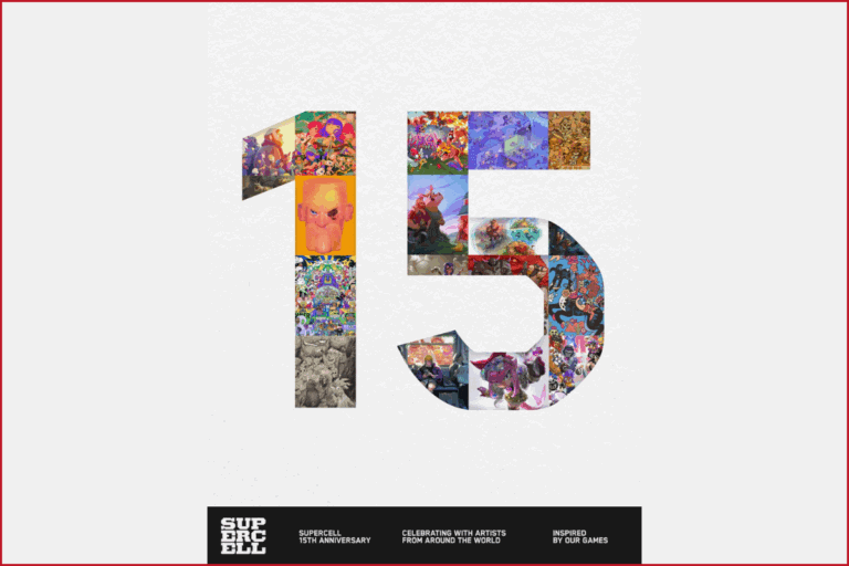 supercell 15 years logo, there is a "15" text with images filled inside from supercell games