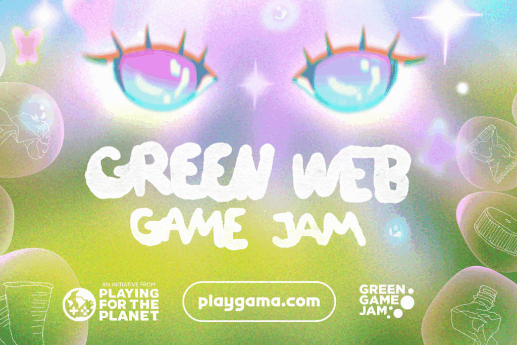green web game jam logo with all text in the middle, green game jam, playgama.com, and playing for rhe planet logos at the bottom, in the background there is big googly pink eyes directly staring at the reader