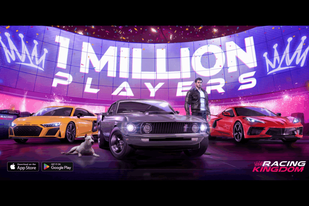 in game footage from supergears game racing kingdom. 3 cars stand on a podium and there is huge screen behind them. it says 1 million players on the screen