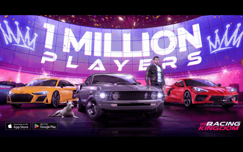 in game footage from supergears game racing kingdom. 3 cars stand on a podium and there is huge screen behind them. it says 1 million players on the screen
