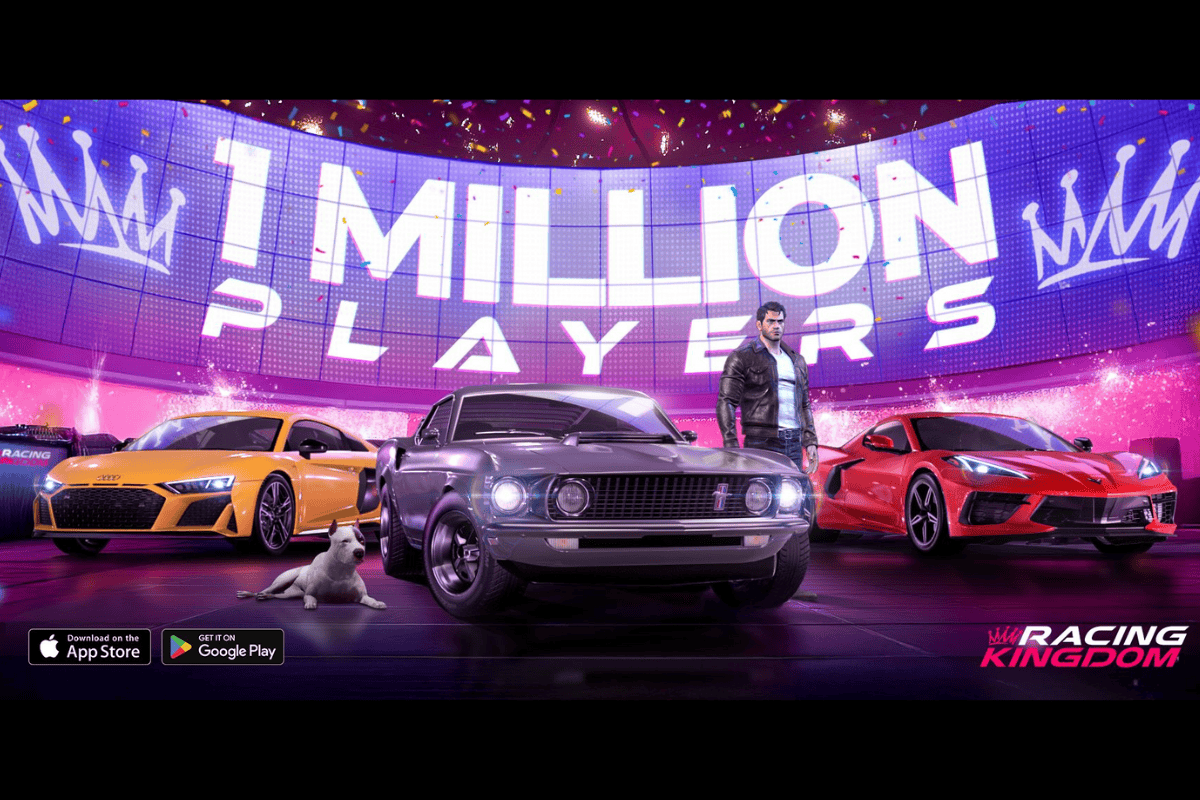 in game footage from supergears game racing kingdom. 3 cars stand on a podium and there is huge screen behind them. it says 1 million players on the screen
