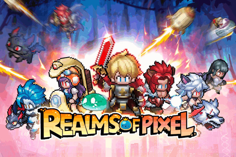 realms of pixel cover art showcases characters from the game in pixel art style - flexion is bringing the game to the alternative app stores