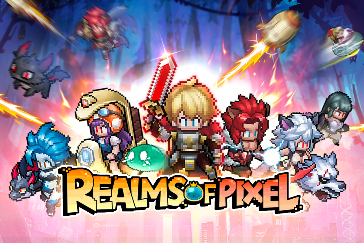 realms of pixel cover art showcases characters from the game in pixel art style - flexion is bringing the game to the alternative app stores