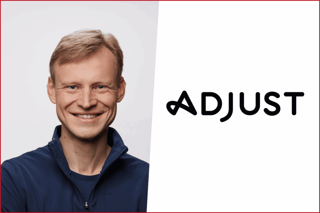 photo of Adjust CEO Andrey Kazakov on the left, adjust logo on the right