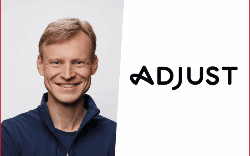 photo of Adjust CEO Andrey Kazakov on the left, adjust logo on the right