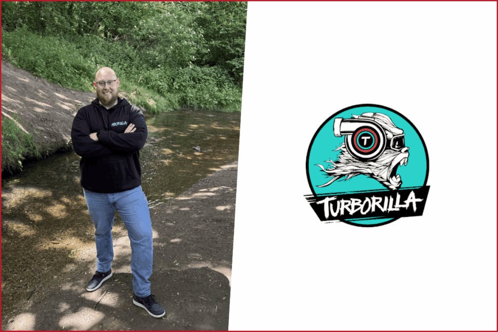 john wright photo on the left, turborrilla logo on the right