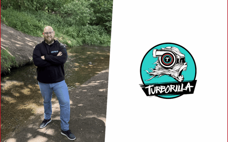 john wright photo on the left, turborrilla logo on the right
