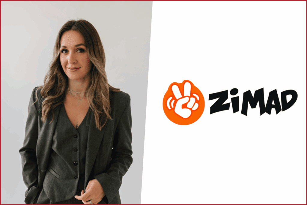 anastasia zaiceva photo on the left, zimad logo on the left