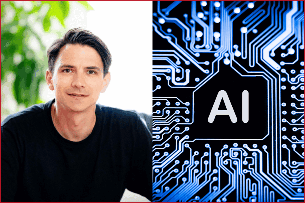 everyday founder olivier le bas photo on the left, AI and computer cpu image on the right