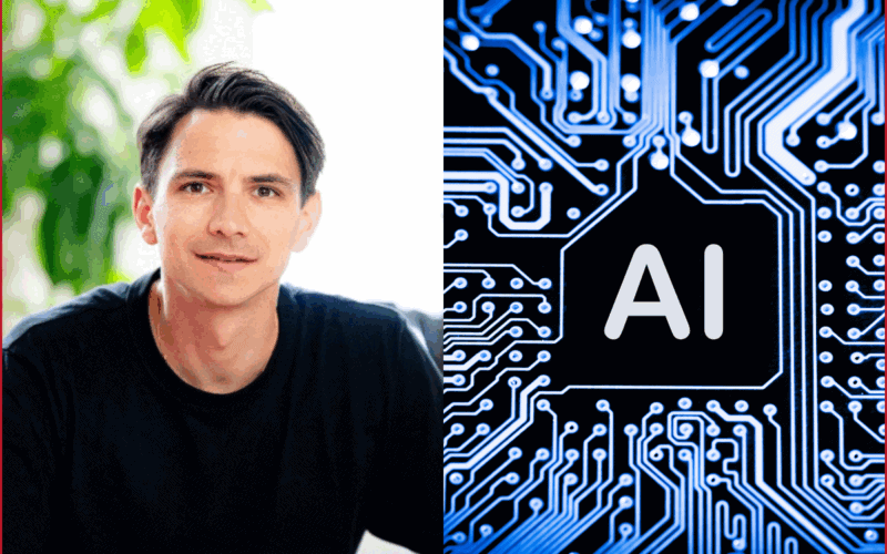 everyday founder olivier le bas photo on the left, AI and computer cpu image on the right