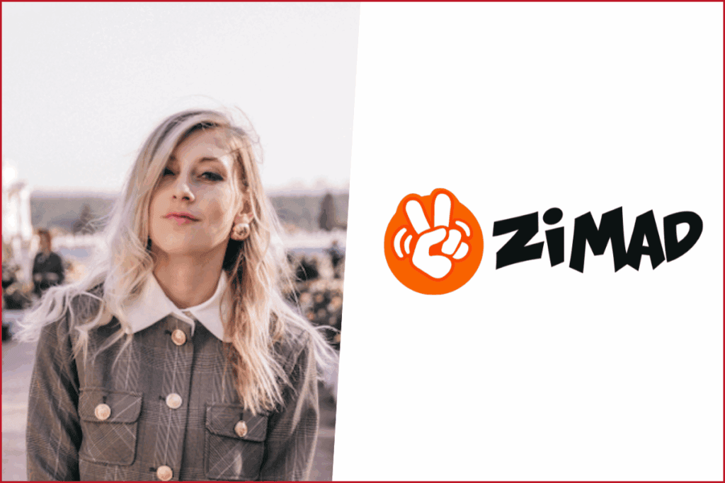 zimad logo on the right, photo of yana vesnina on the left