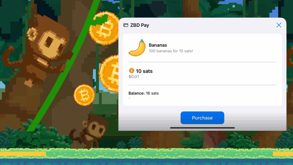 in game screenshot from SaruTobi showing Bitcoing integration by ZBD