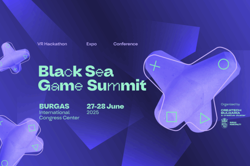 black sea game summit conferecen logo features the event's logo, location an date on a purple background with + shaped icons