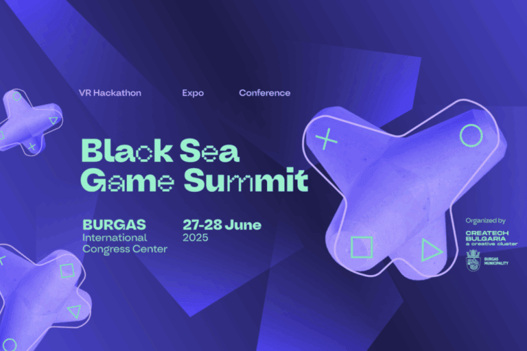 black sea game summit conferecen logo features the event's logo, location an date on a purple background with + shaped icons