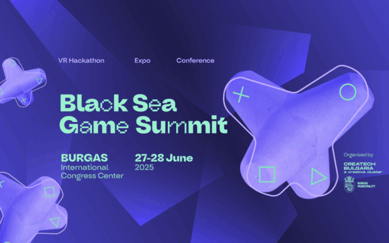 black sea game summit conferecen logo features the event's logo, location an date on a purple background with + shaped icons