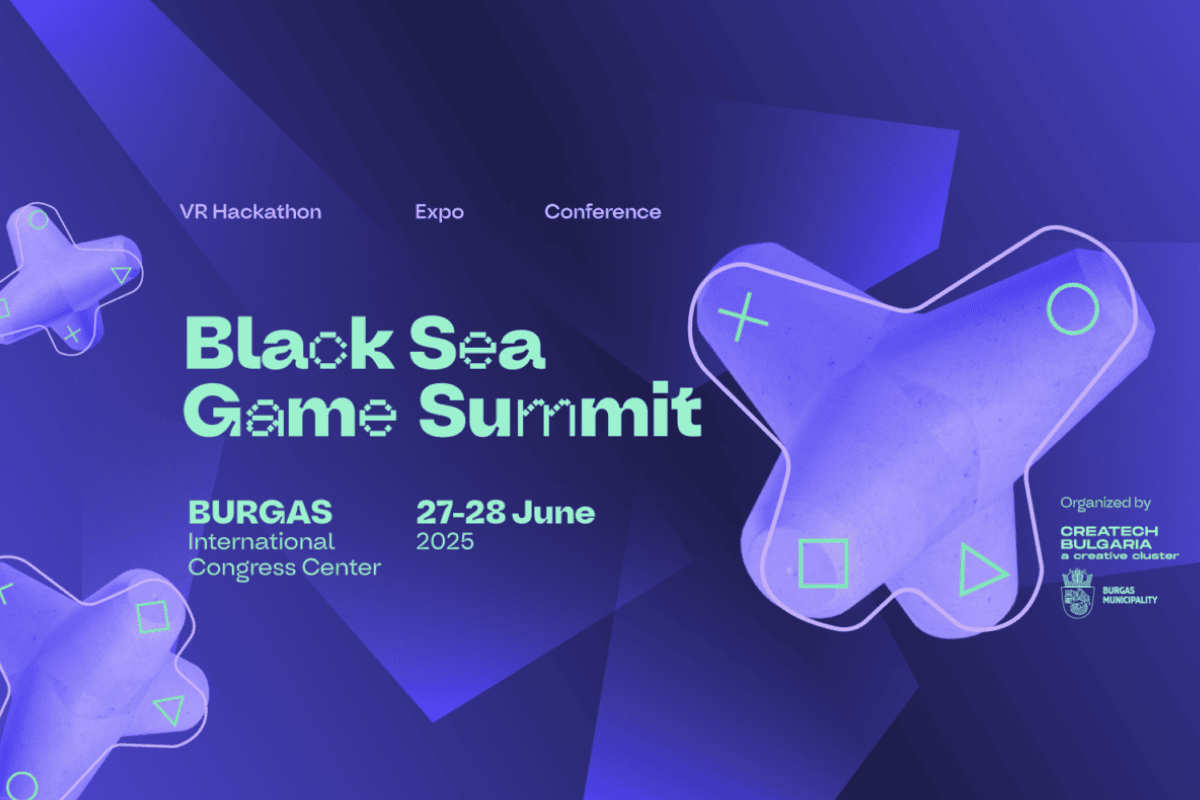 black sea game summit conferecen logo features the event's logo, location an date on a purple background with + shaped icons