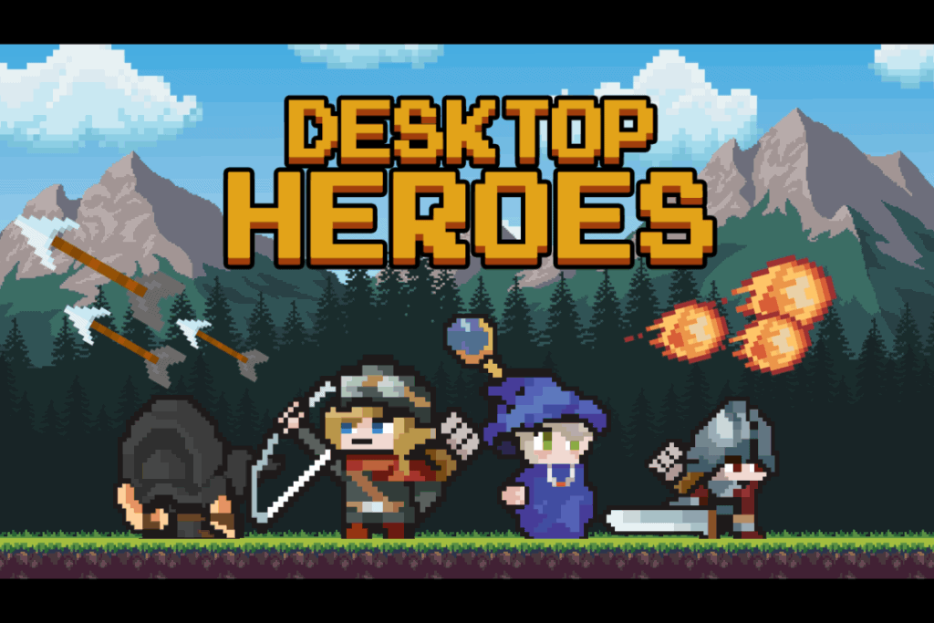 desktop heroes cover art, oyun içi karakterleri (büyücü, okçu, savaşçı, haydut) ve oyunun logosunu gösteriyor
