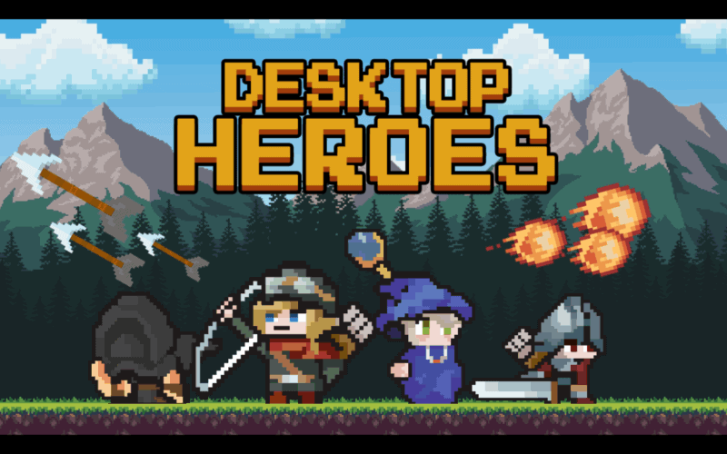desktop heroes cover art, oyun içi karakterleri (büyücü, okçu, savaşçı, haydut) ve oyunun logosunu gösteriyor