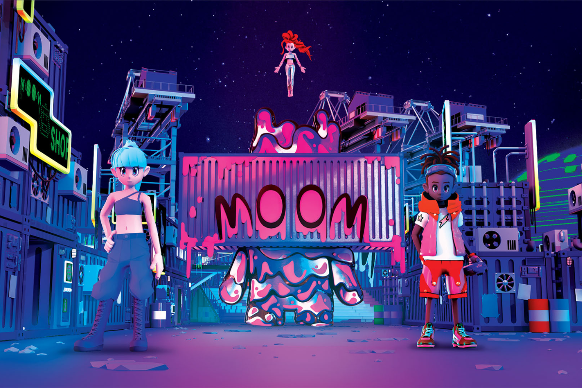 m00m wolrd in-game screen with virtual characters, standing in a futuristic dark alley