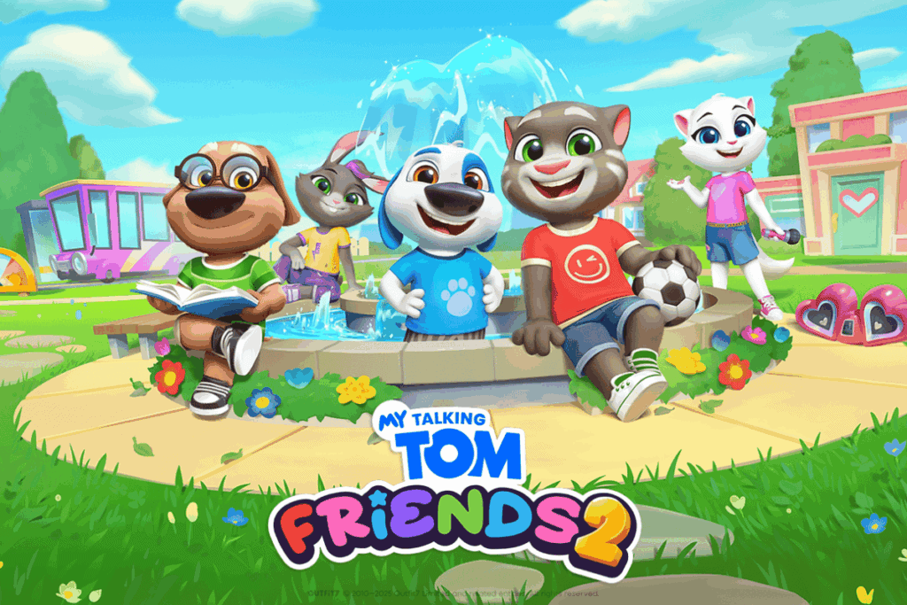 cover image for outfit 7's game, My Talking Tom Friends 2, showcases five animorp characters: a dog, a bunny, another dog, a male, and a female cat