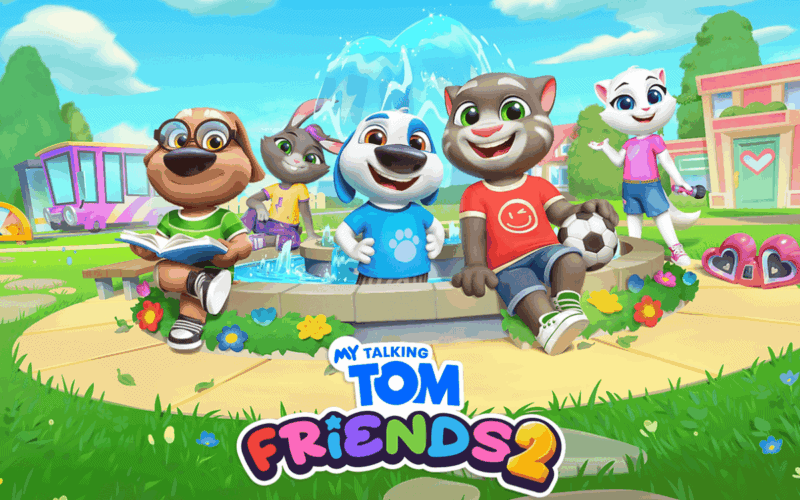 cover image for outfit 7's game, My Talking Tom Friends 2, showcases five animorp characters: a dog, a bunny, another dog, a male, and a female cat