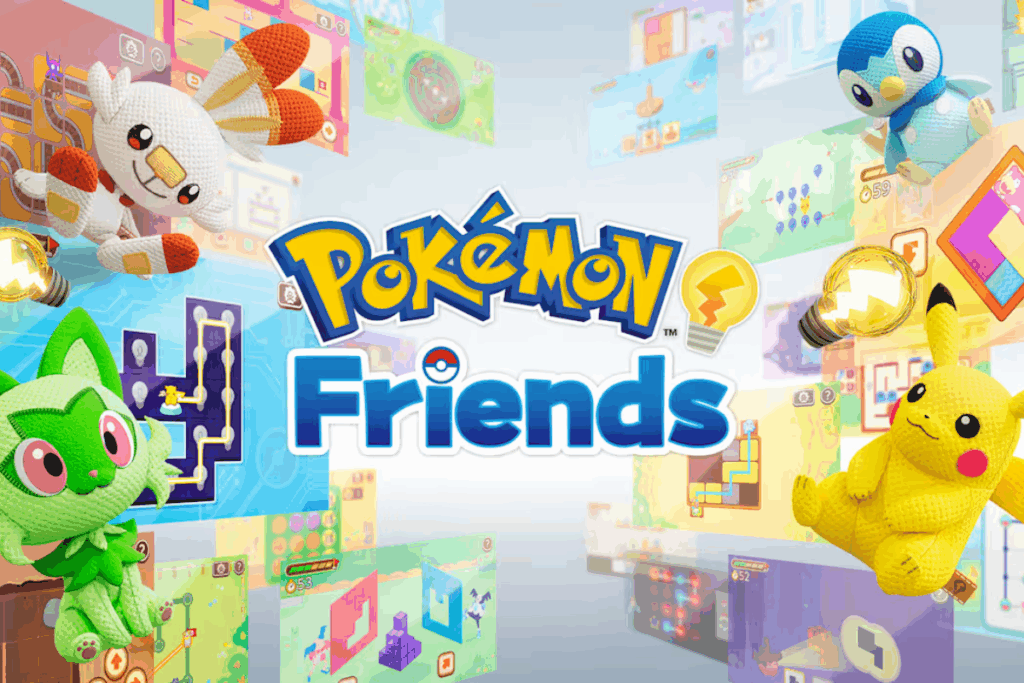 pokemon friends cover art shows the game logo and famous pokemons from the franchise like pikachu