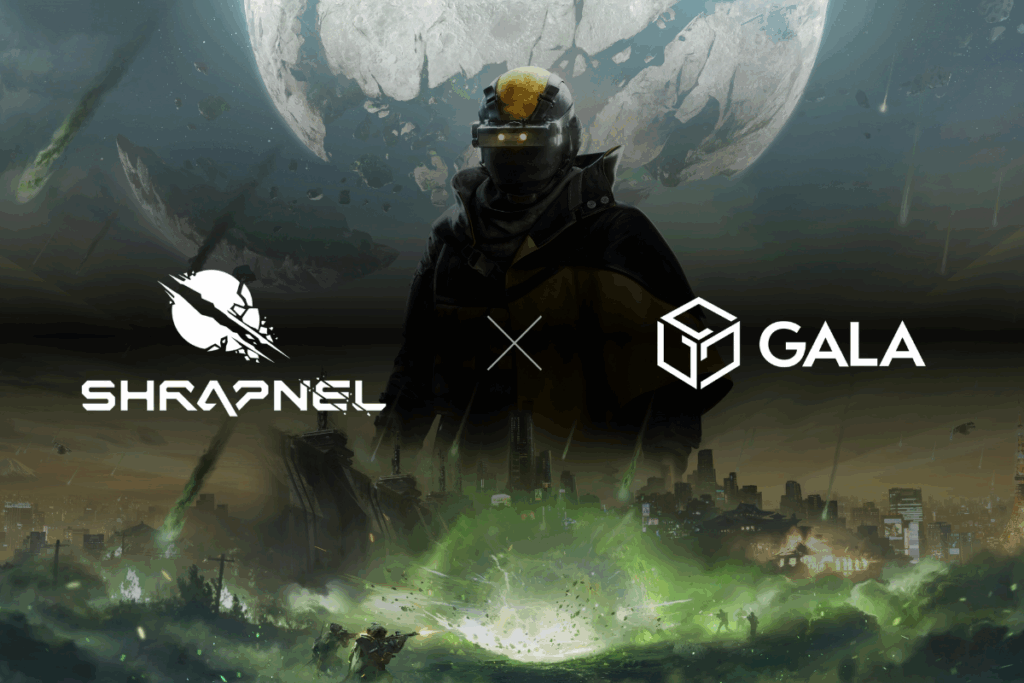 Shrapnel logo on the left, gala logo on the right. in the background there is an artwork from shrapnel, now powered by galachain