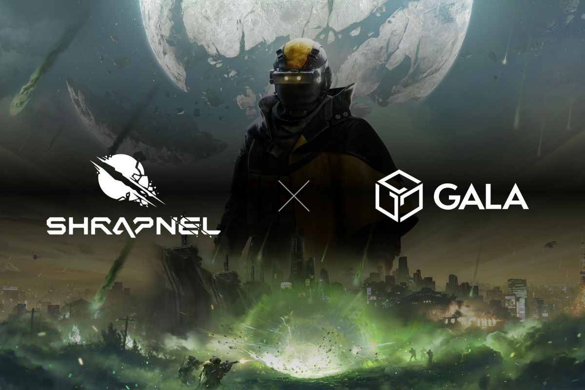 Shrapnel logo on the left, gala logo on the right. in the background there is an artwork from shrapnel, now powered by galachain