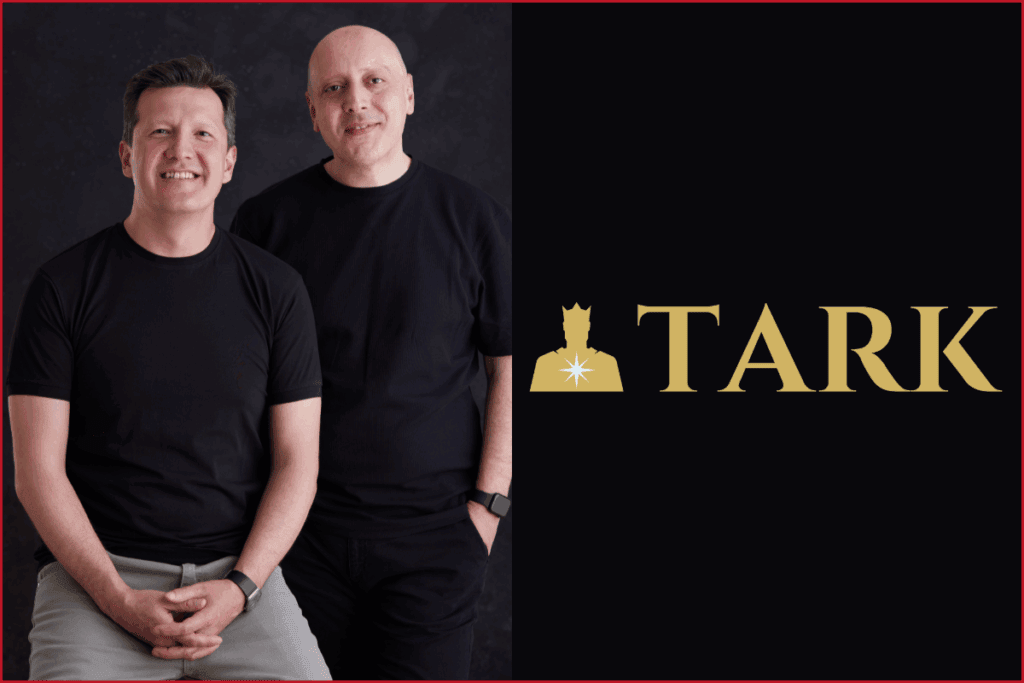 Photo of founders of Tark Games İbrahim Yıldırım and İlker Ergen on the left side, TARK logo on the right side