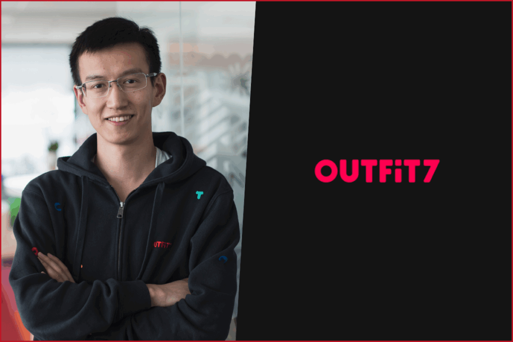 photo of outfit7 ceo xinyu qian on the left. Outfit7 logo on the right