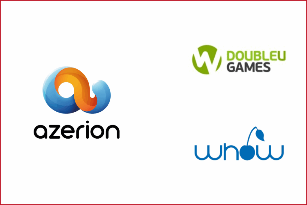 azerion logo on the left, doubleU games logo on the top right and below thaht whow games logo