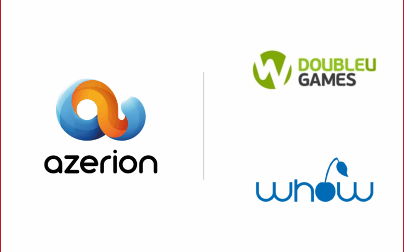 azerion logo on the left, doubleU games logo on the top right and below thaht whow games logo
