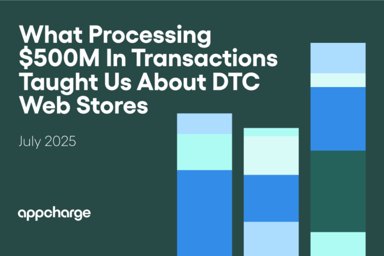 A text that says "What processing $500M in transactions taught us about DTC Web Stores", marked with July 2025 title and appcharge logo