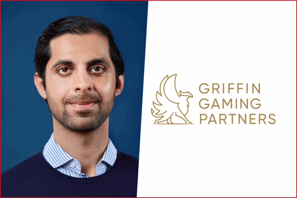 ibrahim hafeez photo on the left, griffin gaming partners logo on the right
