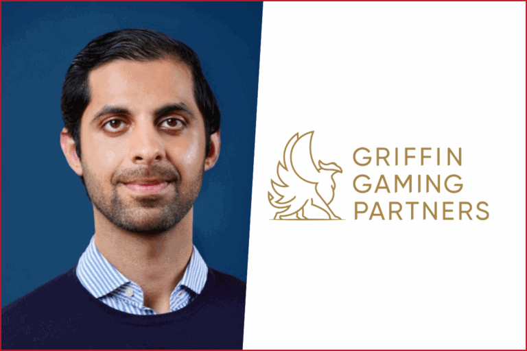 ibrahim hafeez photo on the left, griffin gaming partners logo on the right
