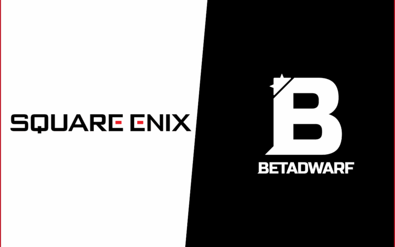 square enix logo on the left, betadwarf logo on the right