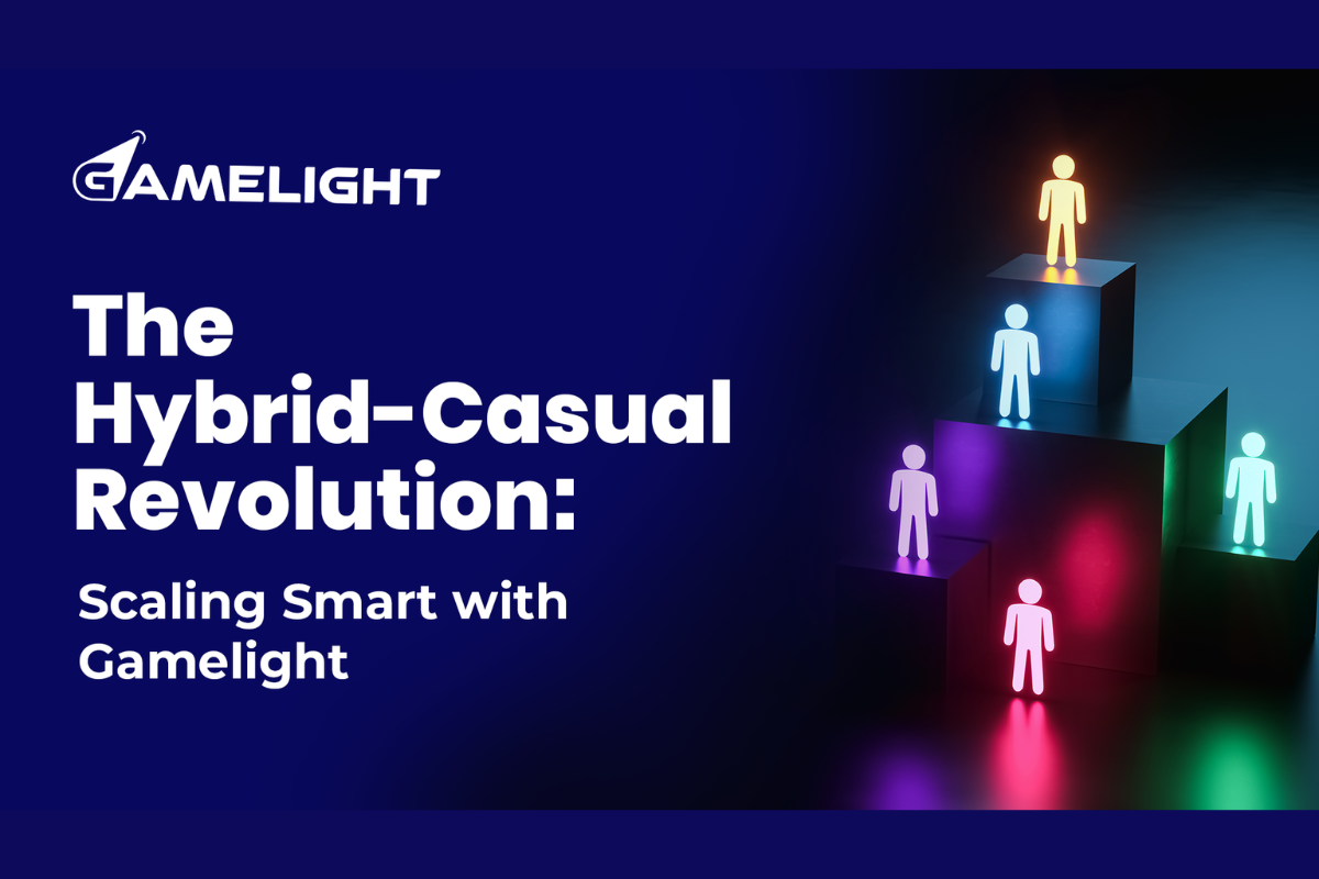 gamelight article cover has a text "The Hybrid-Casual Revolution: Scaling Smart with Gamelight", GameLight's logo and glowed up stickmans lined up on top of boxes