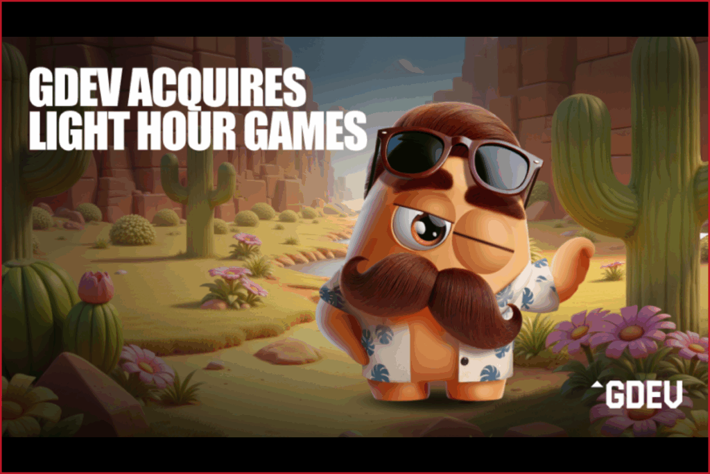 a text that says "gdev acquires light hour games", gdev logo on the bottom right and a concept art of a game character on a desert like area