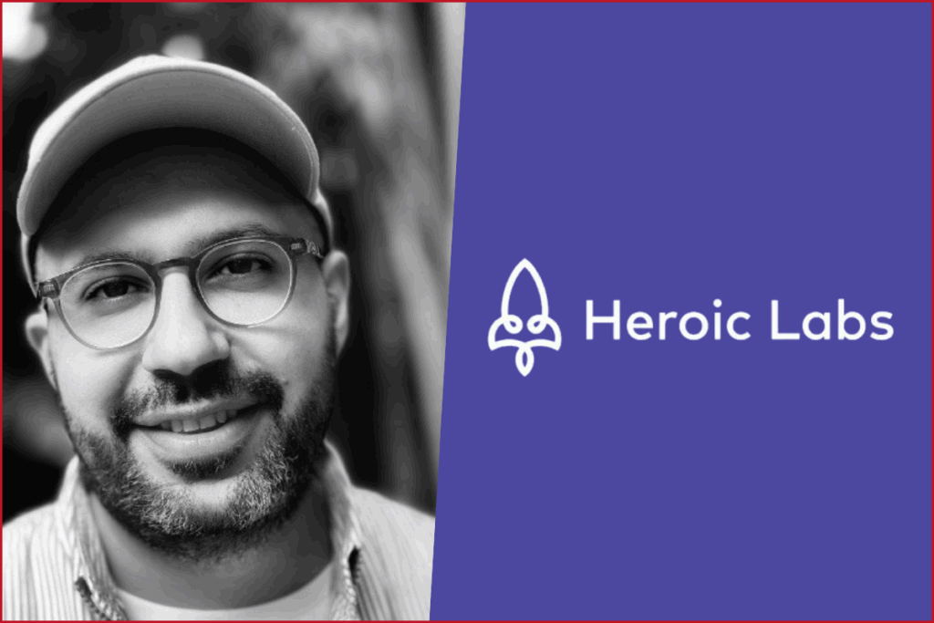 photo of mo firouz on the left, logo of heroic labs on the right
