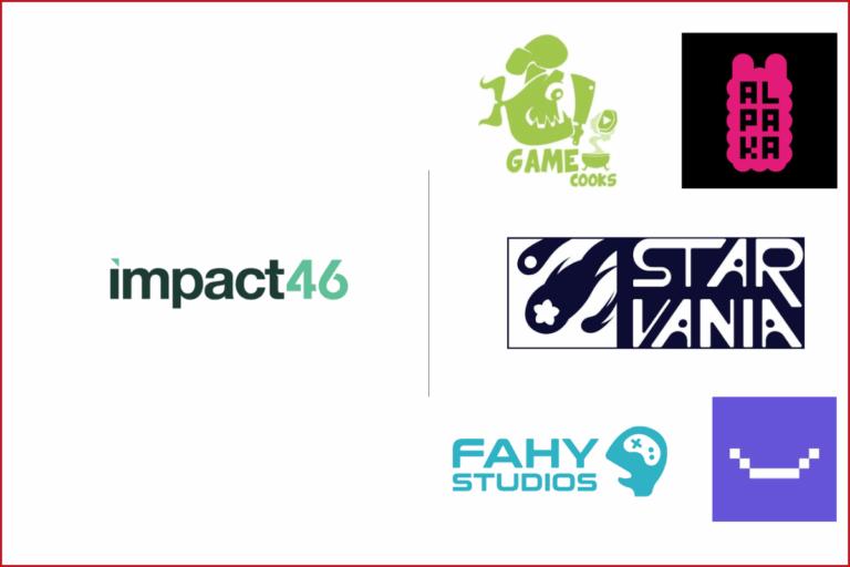 logo of impact46 on the left side, logos of invested game studios alpaka games, starvania, fahy, game cooks and njd games on the right side
