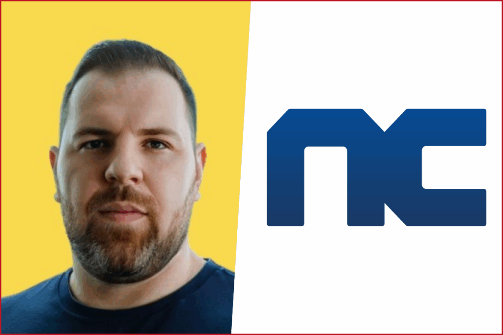 ncsoft logo on the right, anel ceman photo on the left